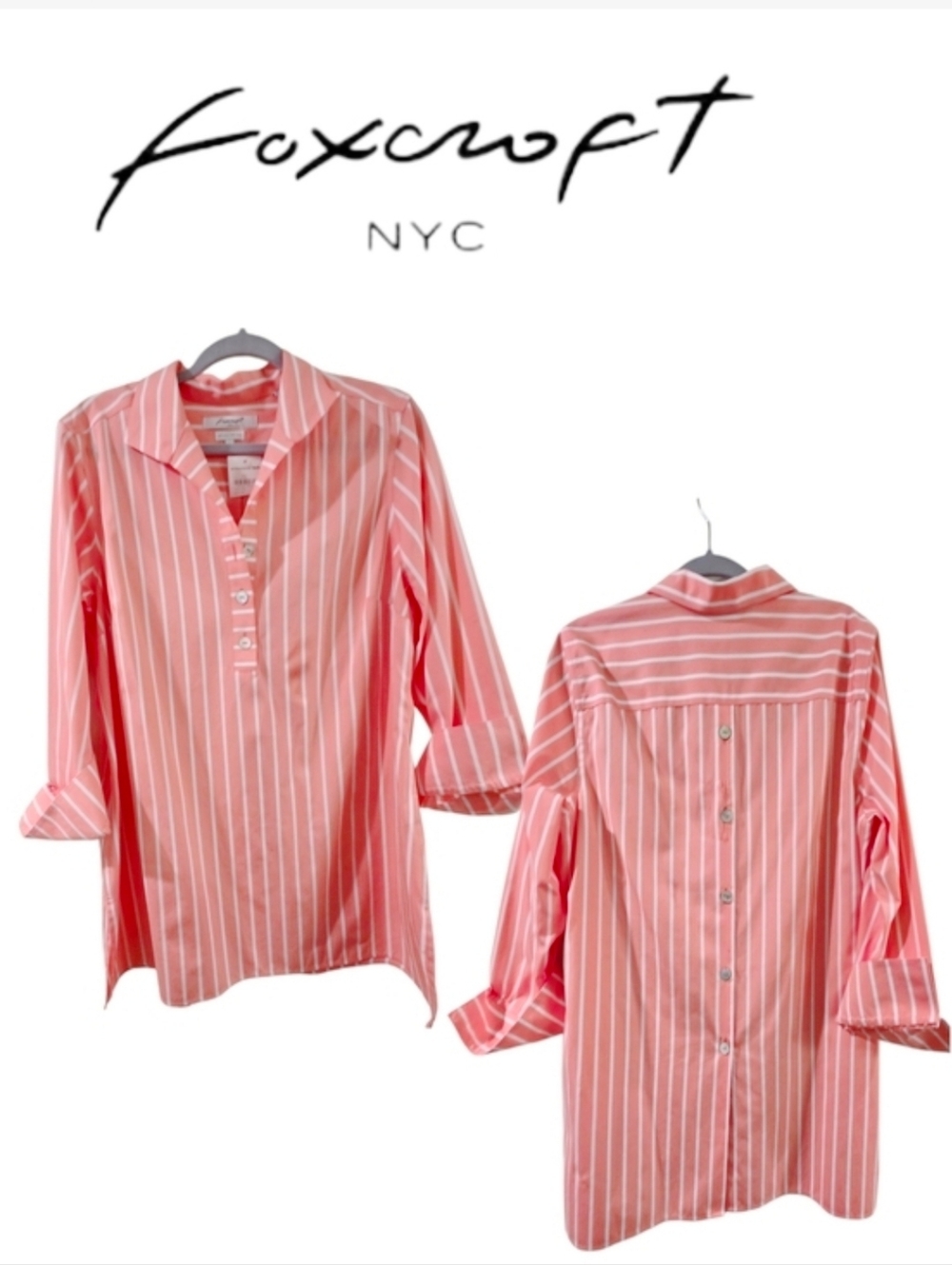 Foxcroft Coral Pink Striped Popover Tunic With Shell Button Accents 14 - Picture 2 of 13